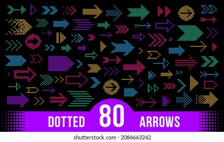 Dotted arrows big vector set of icons or logos, collection of direction cursors made with dots, perforated symbols, different shapes arrows for graphic design usage.