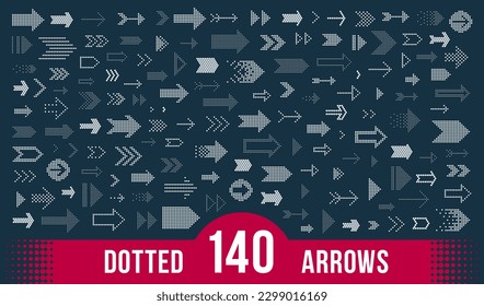 Dotted arrows big vector set of icons or logos, collection of direction cursors made with dots, perforated symbols, different shapes arrows for graphic design usage.