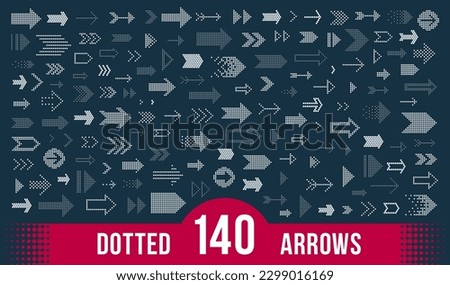 Dotted arrows big vector set of icons or logos, collection of direction cursors made with dots, perforated symbols, different shapes arrows for graphic design usage.