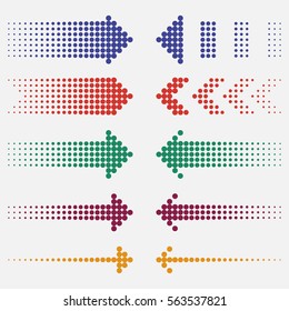 Dotted arrows. Dots pointers, colorful, halftone effect. Vector illustration.