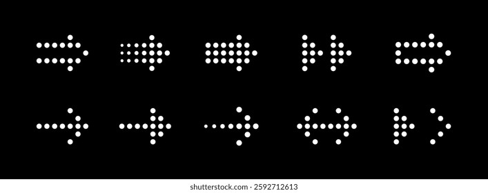 Dotted arrows icon set. Arrow dots style icons. Set of arrows with halftone effect. Different shapes. Directional pointer with dots. Design elements for navigation of websites, applications
