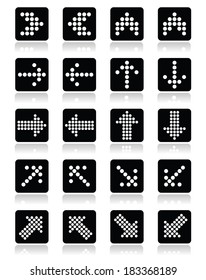Dotted arrows on black square icons set isolated on white