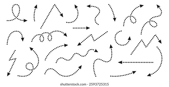 Dotted arrows set. Curved pointer collection. Decorative black dash arrow on white back ground. Editable stroke. Suitable for infographics, banner, poster etc. Vector illustration on white background.