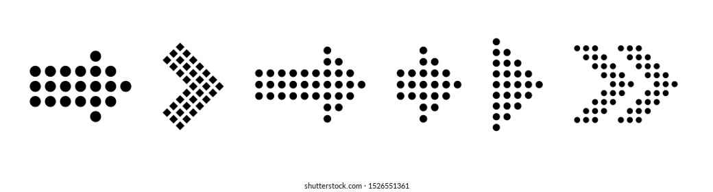Dotted arrows set. Digital arrow symbols. Vector illustration isolated on white background