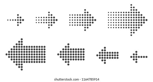 Dotted arrows. Set of vector symbols. Halftone effect. Different thickness of arrows. Shows the direction of movement or web navigation. Modern style. Two variants of  texture- uniform and decreasing.