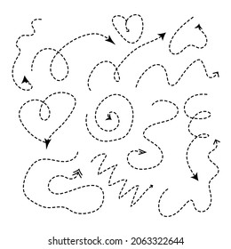 Dotted arrows in various combinations. Arrows of a line, chirping hearts. Design elements.