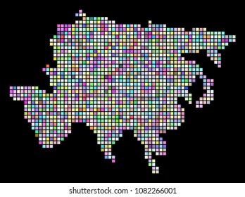 Dotted Asia Map. Vector geographic map in variable colors on a black background. Vector collage of Asia Map done of regular square pixels.