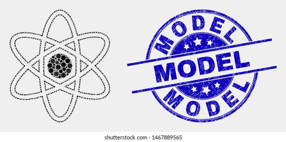 Dotted atom model mosaic pictogram and Model watermark. Blue vector round grunge seal with Model caption. Vector combination in flat style. Black isolated atom model mosaic of scattered dots,