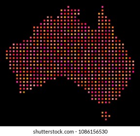Dotted Australia map. Vector geographic plan in red color tinges on a black background. Abstract mosaic of Australia map combined from regular square small elements.