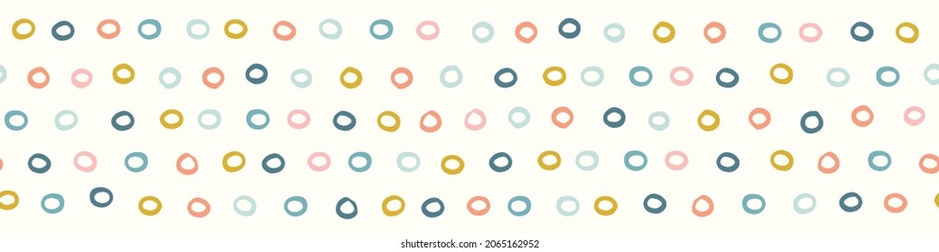 Dotted background banner. Vector seamless repeat banner of hand drawn colourful spots. Cute trendy abstract design resource. 