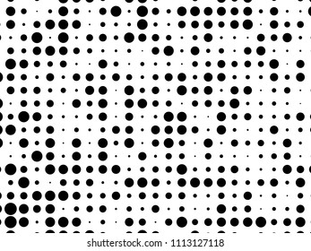 Dotted background with circles, dots, point different size, scale. Halftone pattern. Design element for web banners, posters, cards, wallpapers, sites, panels. Black and white color Vector illustratio
