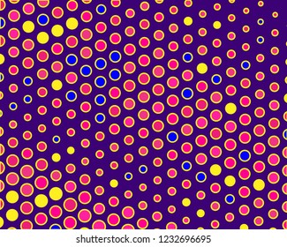 Dotted background with circles, dots, point different size, scale. Halftone pattern. Design element for web banners, posters, cards, wallpapers, sites, panels. Yellow, pink and purple color