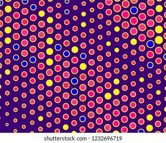 Dotted background with circles, dots, point different size, scale. Halftone pattern. Design element for web banners, posters, cards, wallpapers, sites, panels. Yellow, pink and purple color