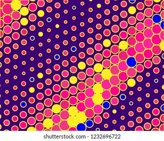 Dotted background with circles, dots, point different size, scale. Halftone pattern. Design element for web banners, posters, cards, wallpapers, sites, panels. Yellow, pink and purple color