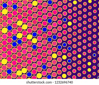 Dotted background with circles, dots, point different size, scale. Halftone pattern. Design element for web banners, posters, cards, wallpapers, sites, panels. Yellow, pink and purple color