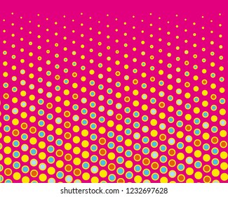 Dotted background with circles, dots, point different size, scale. Halftone pattern. Design element for web banners, posters, cards, wallpapers, sites, panels. Yellow, pink and blue color