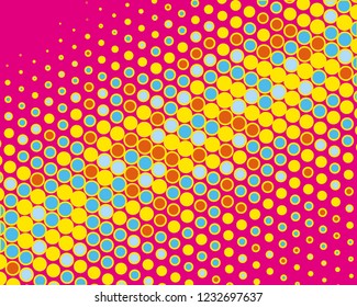 Dotted background with circles, dots, point different size, scale. Halftone pattern. Design element for web banners, posters, cards, wallpapers, sites, panels. Yellow, pink and blue color