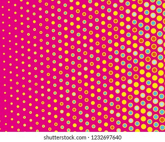 Dotted background with circles, dots, point different size, scale. Halftone pattern. Design element for web banners, posters, cards, wallpapers, sites, panels. Yellow, pink and blue color