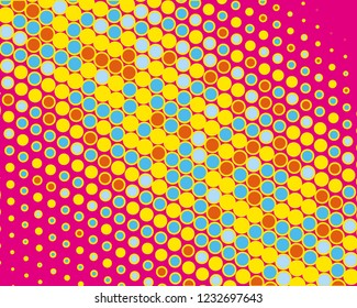 Dotted background with circles, dots, point different size, scale. Halftone pattern. Design element for web banners, posters, cards, wallpapers, sites, panels. Yellow, pink and blue color