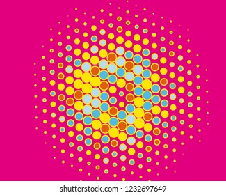 Dotted background with circles, dots, point different size, scale. Halftone pattern. Design element for web banners, posters, cards, wallpapers, sites, panels. Yellow, pink and blue color