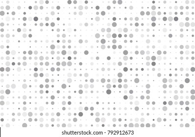 Dotted background with circles, dots, point different size, scale. Halftone pattern. Design element for web banners, posters, cards, wallpapers, sites, panels. Light grey color Vector illustration
