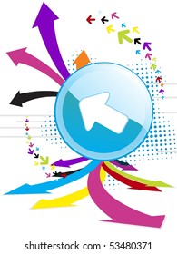 dotted background with colorful arrowhead, button