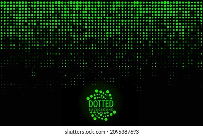 Dotted background. Falling dots vector and spiral shape logo. Flat design, green energy on black background.