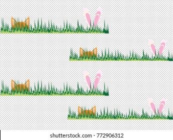 Dotted background with a pattern of a fox cub and a bunny peeking from the grass