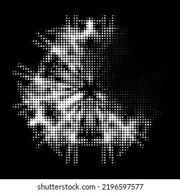 Fondo extraído de una mandala tripartita transparente de punto polka mitad tono con un sector destacado.  Un contorno translúcido de puntos, trazos, puntos.