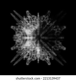 Dotted background from a transparent polka dot halftone four-vertex mandala with a highlighted sector. A translucent contour of dots, strokes, spots. Perforated outline.