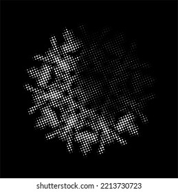 Dotted background from a transparent polka dot halftone snowflake-like mandala with a highlighted sector. A translucent vector contour of dots, strokes, spots. Perforated outline.