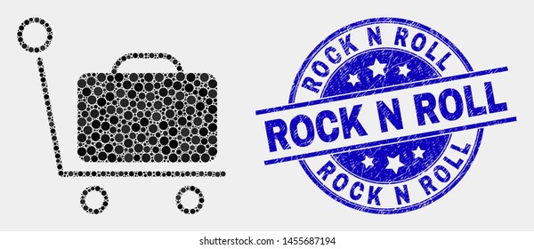 Dotted baggage cart mosaic icon and Rock N Roll seal stamp. Blue vector round scratched seal stamp with Rock N Roll phrase. Vector combination in flat style.