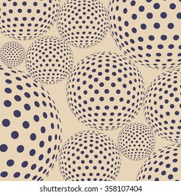 Dotted balls floating, like molecules or bacteria under a microscope, in a neutral dark blue and cream color palette