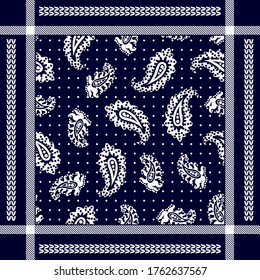 Dotted bandana pattern inspired by Indian art. Flourish framed pattern with paisley elements. Man fashion textile collection. White on dark blue background.