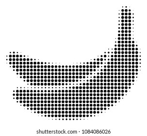 Dotted black banana icon. Vector halftone pattern of banana symbol constructed from circle elements.
