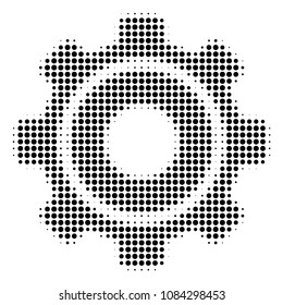 Dotted black cog icon. Vector halftone composition of cog symbol done with circle pixels.