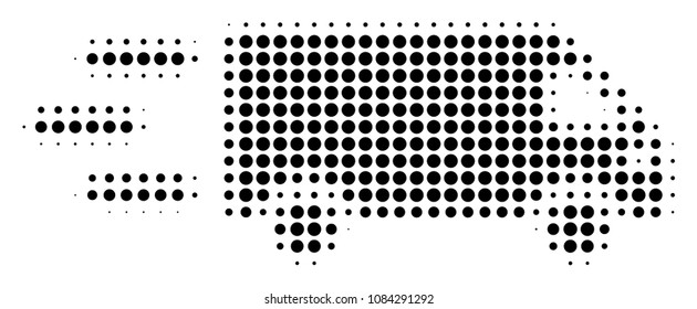 Dotted black fast delivery car icon. Vector halftone pattern of fast delivery car pictogram organized of spheric pixels.