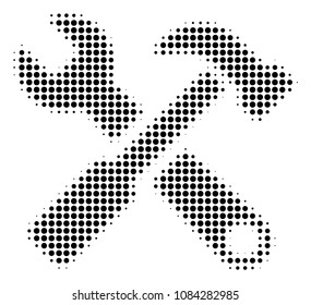 Dotted black hammer and wrench icon. Vector halftone concept of hammer and wrench icon designed of round elements.