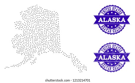 Dotted black map of Alaska State and blue rubber seal. Vector map of Alaska State designed with irregular small spheric points. Vector blue seal with corroded rubber texture.