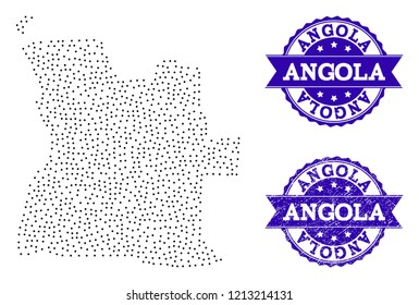 Dotted black map of Angola and blue grunge seal stamp. Vector map of Angola constructed with irregular small circle points. Vector blue seal with unclean rubber texture.