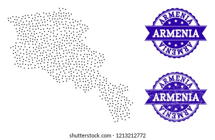 Dotted black map of Armenia and blue unclean seal. Vector map of Armenia designed with irregular small spheric dots. Vector blue seal with grunge rubber texture. Flat design for patriotic posters.