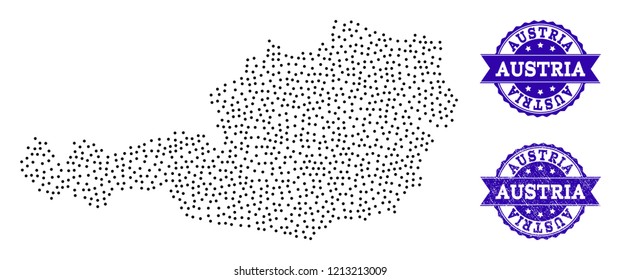 Dotted black map of Austria and blue scratched seal stamp. Vector map of Austria designed with irregular small round dots. Vector blue seal with scratched rubber texture.