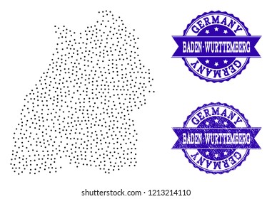 Dotted black map of Baden-Wurttemberg State and blue rubber seal stamp. Vector map of Baden-Wurttemberg State designed with irregular small round dots. Vector blue seal with unclean rubber texture.