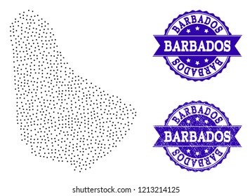 Dotted black map of Barbados and blue rubber seal. Vector map of Barbados designed with irregular small circle dots. Vector blue seal with grunge rubber texture. Flat design for political posters.