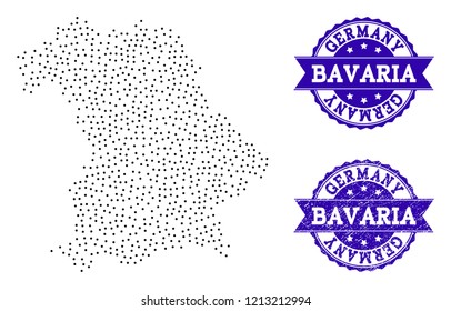 Dotted black map of Bavaria State and blue rubber seal stamp. Vector map of Bavaria State constructed with irregular small spheric dots. Vector blue seal with corroded rubber texture.