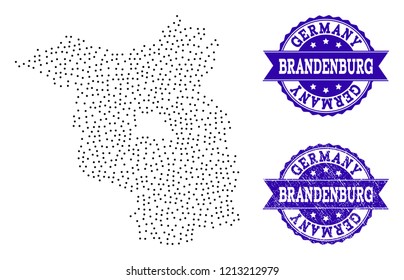 Dotted black map of Brandenburg State and blue scratched seal stamp. Vector map of Brandenburg State designed with irregular small circle points. Vector blue seal with scratched rubber texture.