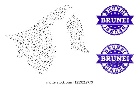 Dotted black map of Brunei and blue rubber seal. Vector map of Brunei designed with irregular small spheric dots. Vector blue seal with unclean rubber texture. Flat design for political illustrations.