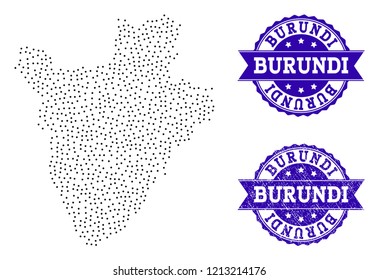 Dotted black map of Burundi and blue rubber seal. Vector map of Burundi designed with irregular small round points. Vector blue seal with grunge rubber texture. Flat design for political posters.