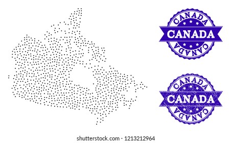 Dotted black map of Canada and blue corroded stamp. Vector map of Canada designed with irregular small circle dots. Vector blue watermark with corroded rubber texture.