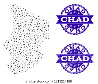 Dotted black map of Chad and blue rubber seal. Vector map of Chad designed with irregular small round dots. Vector blue watermark with grunge rubber texture. Flat design for patriotic templates.